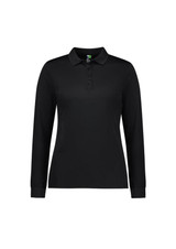 A women's long sleeve polo shirt in black, featuring a collar and buttoned placket, with a logo.