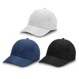 Three caps in white, navy, and black, each featuring a logo on the front.