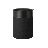 A ceramic coffee cup in matte black with a sleek black lid and a textured finish. Features a logo.