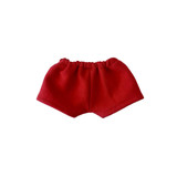 A pair of red plush doll shorts with an elastic waistband. The fabric is soft and stretchy.