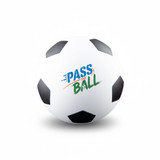 A white high bounce soccer ball with black patches and a logo featuring the words "PASS THE BALL."