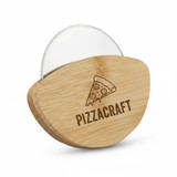 A bamboo pizza cutter with a rounded handle featuring a pizza graphic and a logo.