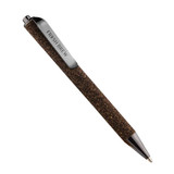 A brown pen with a textured surface, featuring a silver clip and branding.