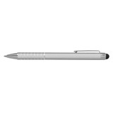 A silver touch stylus pen with a sleek design and a clip, featuring a rubber tip for touchscreen devices.
