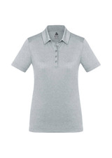 A light grey women's short sleeve polo shirt with a collar and a logo on the chest area.