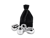 A set of four stainless steel wine pearls in a black velvet pouch.
