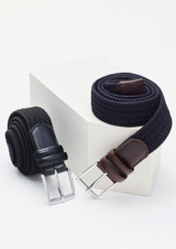 A unisex casual belt set featuring a black woven belt and a dark blue woven belt with silver buckles.