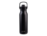 A drink bottle in matte black with a dual spout, crafted from stainless steel and featuring a logo.