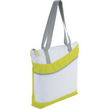 A zippered tote bag in white and bright yellow with grey straps and a logo. Features a spacious design for easy carrying.