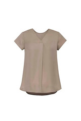 A women's khaki V-neck pleat blouse with short sleeves, featuring a relaxed fit and a smooth texture.