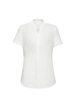 A white short sleeve blouse featuring a v-neck design and a classic fit. Includes a logo on the label.