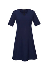 A navy blue extended short sleeve dress with a v-neck and flared skirt. It features a back zip and has a logo.