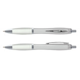 A plastic pen featuring a translucent design with a silver accent and a comfortable grip.