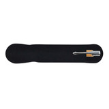 A bamboo pen with a silver tip displayed on a black background. The pen includes a holder.