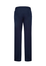 Navy women's adjustable waist pants with a straight-leg fit and a back view. Features a logo on the waistband.