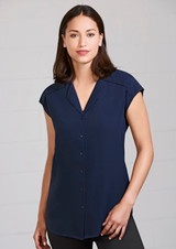 A navy blue women's blouse with short sleeves and a button-up front, featuring a collar and a relaxed fit.