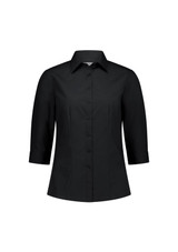 A black 3/4 sleeve women's shirt with a button-up front and tailored fit. It features a collar and has a logo.