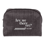 A grey travel pouch with a zip closure and a logo, featuring the phrase "Are we there yet?" in white text.