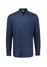 A long sleeve button-up shirt in navy blue with a chest pocket and a collar, featuring branding.