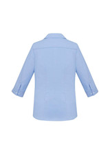 A light blue women's button-up shirt featuring 3/4 sleeves and a collared neckline, with a logo visible.
