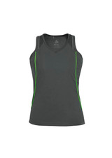 A grey ladies singlet featuring green side accents and a logo on the front. A grey ladies singlet featuring green side accents and a logo on the front.