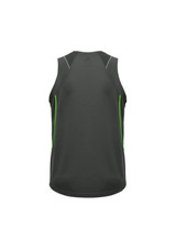 A men's singlet in dark grey with green accents, featuring a logo on the back. A men's singlet in dark grey with green accents, featuring a logo on the back.