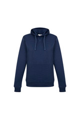 A navy women's crew hoodie featuring a front pocket and a drawstring hood, with a logo on it.