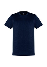 A navy blue men's short sleeve tee featuring a classic style and a branding logo.