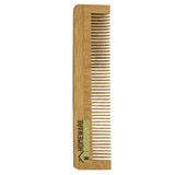 A bamboo comb with a simple design, featuring fine and wide teeth, and a logo on the side.