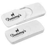 A white car sun visor tissue box with a logo, designed to hold tissues securely in place.