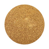 A round cork coaster with a textured, golden surface, featuring a branding logo.