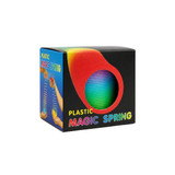 A colourful plastic spring featuring a rainbow gradient, packaged in a box with a logo.