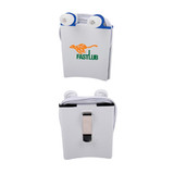 White earbuds in a case with a clip, featuring an orange logo. The case is compact and portable.