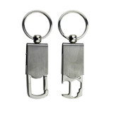 A drink bottle opener key ring in silver, featuring a sleek metal finish and a functional design with a keyring.