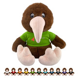 A brown kiwi plush toy with a long beak and wearing a green t-shirt, seated with colourful toy options below.