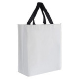 A white paper bag with black handles and a logo on one side, featuring a simple and sleek design.