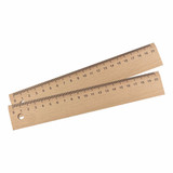 A wooden 20cm ruler with centimetre markings, featuring a small hole, in a light natural wood colour.