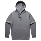 A grey zip hoodie featuring a drawstring hood and a front pocket, with a logo on the label.
