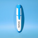 A highlighter in a blue and white design, featuring a logo and a cap on one end.