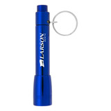 A blue flashlight with a keyring attachment and a branded logo on the body. A blue flashlight with a keyring attachment and a branded logo on the body.
