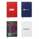 A collection of four A5 notebooks in red, blue, black with a pattern, and white, each featuring a logo.