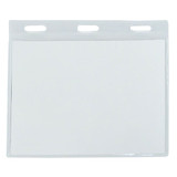 A clear, flexible plastic name badge holder with three holes for attachment. Suitable for display at events and exhibitions.
