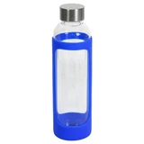 A drink bottle featuring a clear glass design with a blue silicone cover and a stainless steel lid.