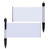 A plastic pen in black with a clear banner area for customization, featuring a simple design with a clip. A plastic pen in black with a clear banner area for customization, featuring a simple design with a clip.