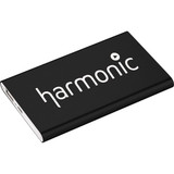A black power bank charger with a logo, featuring a sleek design and a compact size.