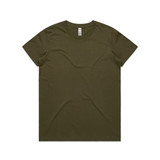 An olive green T-shirt with a classic crew neck and short sleeves, featuring a logo tag at the collar.