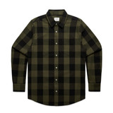 A button-up shirt featuring a green and black check pattern, with long sleeves and a collar. It has a logo on the label.
