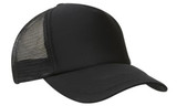 A black truckers mesh cap featuring a solid front and mesh panel at the back. It has a logo on the front. A black truckers mesh cap featuring a solid front and mesh panel at the back. It has a logo on the front.