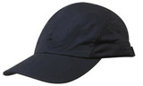 A black brushed cotton cap with a mesh design on the sides and a curved visor, featuring a logo. A black brushed cotton cap with a mesh design on the sides and a curved visor, featuring a logo.