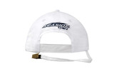 A white cap featuring a back strap and clip, with an embroidered logo. A white cap featuring a back strap and clip, with an embroidered logo.